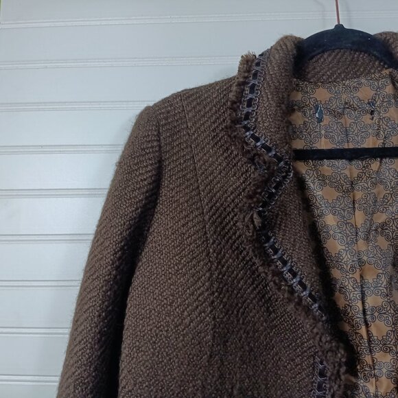 Dialogue Jacket  Tailored Black Brown Tweed Jacket Wool Fringe Trim 10 - Picture 7 of 9